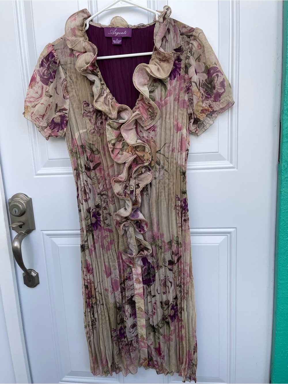 Argenti Pleated Chiffon Floral Ruffle Dress 12 Green, Purple, & Pink V Neckline